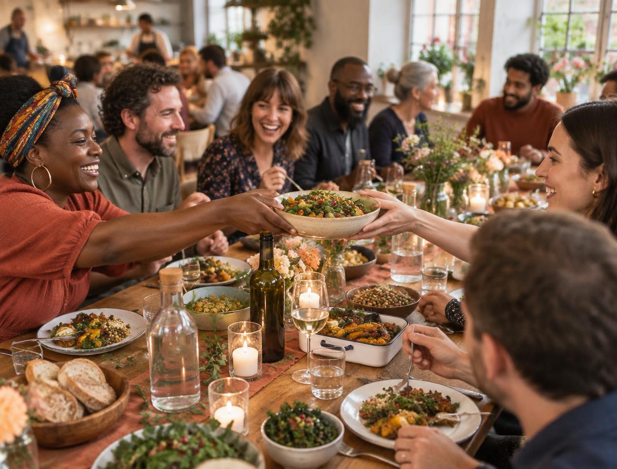 A joyful community supper club gathered around a long table